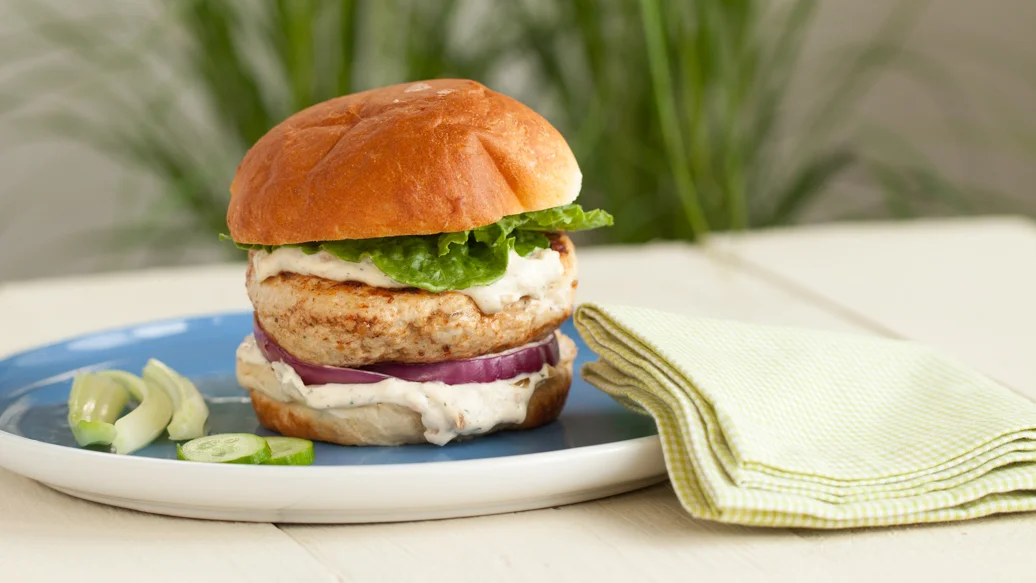 Montreal Chicken Burger with French Onion Sauce | Epicure.com