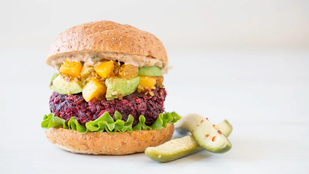 Beet Burger with Avocado Peach Salsa