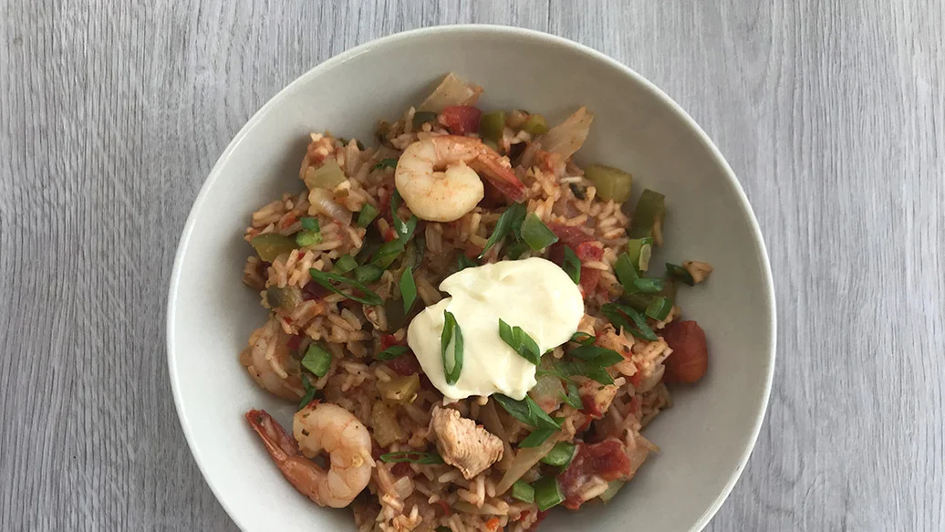 Microwave Chicken 'n Shrimp Jambalaya