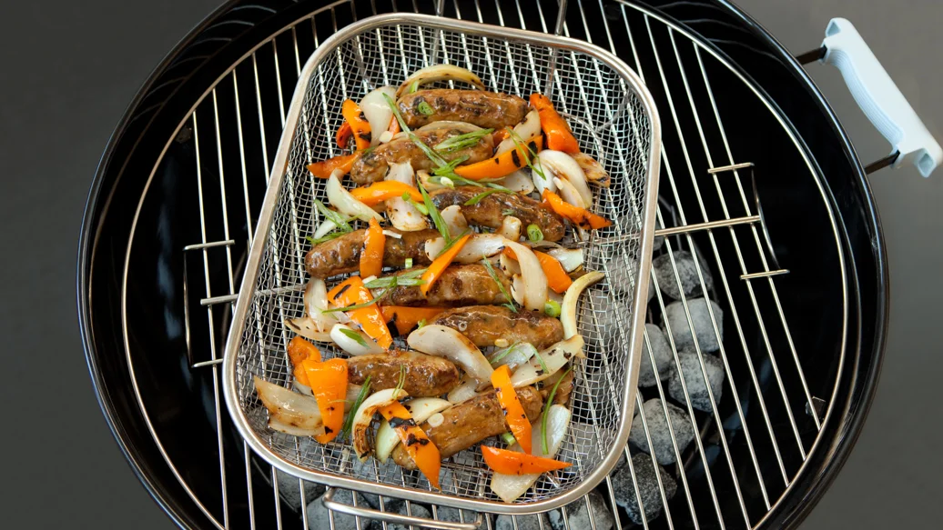 Barbecued Bratwurst with Grilled Onions and Peppers