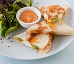 Bali Chicken Quesadillas with Sriracha Aioli